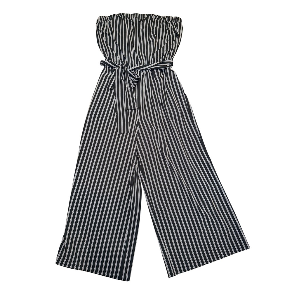New York & Company Black & White Stripe Strapless Jumpsuit